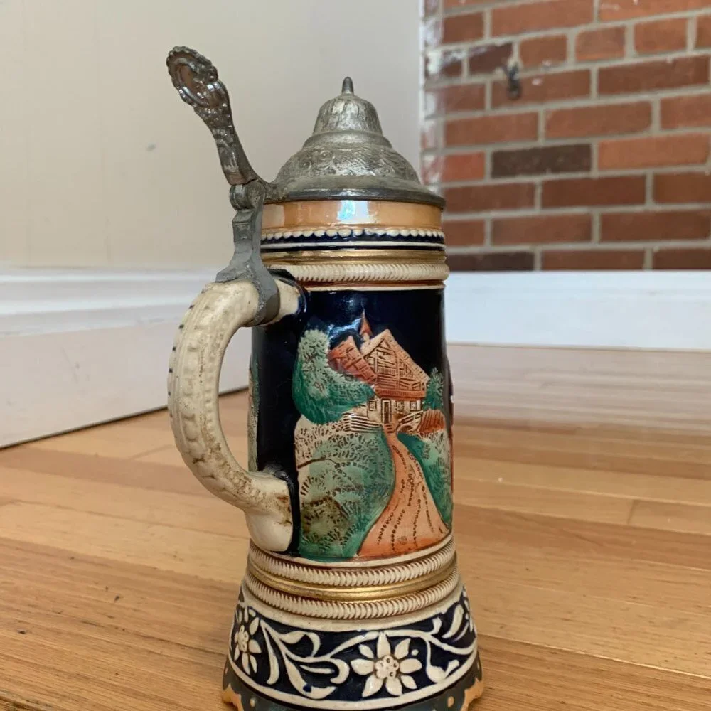 Vintage German Beer Stein Handgemalt with Pewter Lid